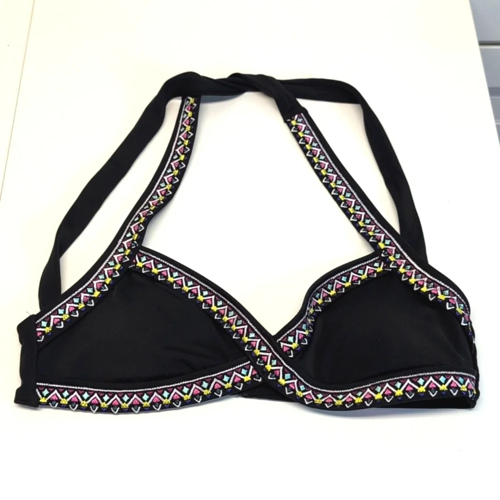 Pink Victoria Secret Black Bikini Aztec Embroidered Triangle Halter Bikini Top M
